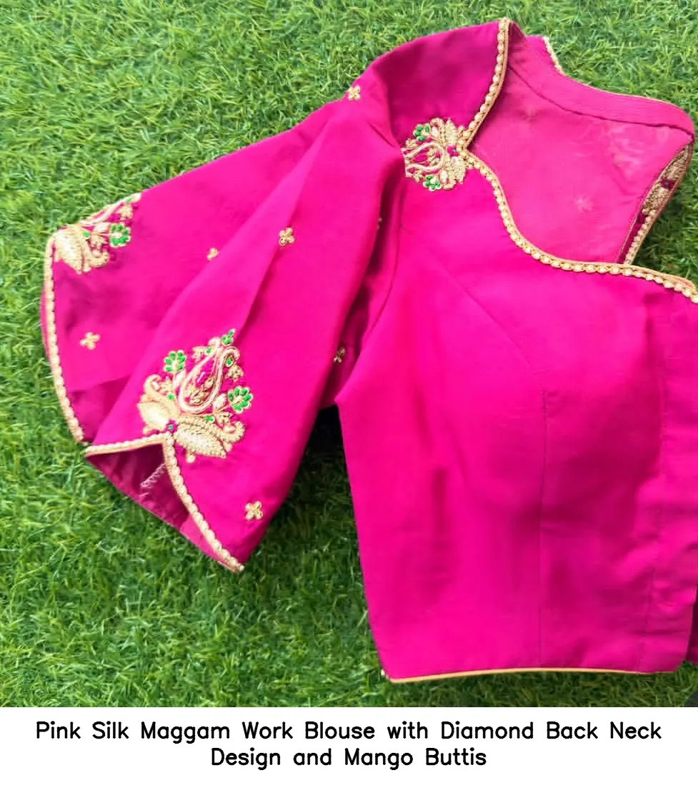 Pink Silk Maggam Work Blouse with Diamond Back Neck Design and Mango Buttis