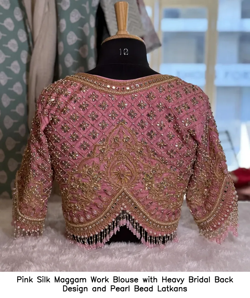Pink Silk Maggam Work Blouse with Heavy Bridal Back Design and Pearl Bead Latkans