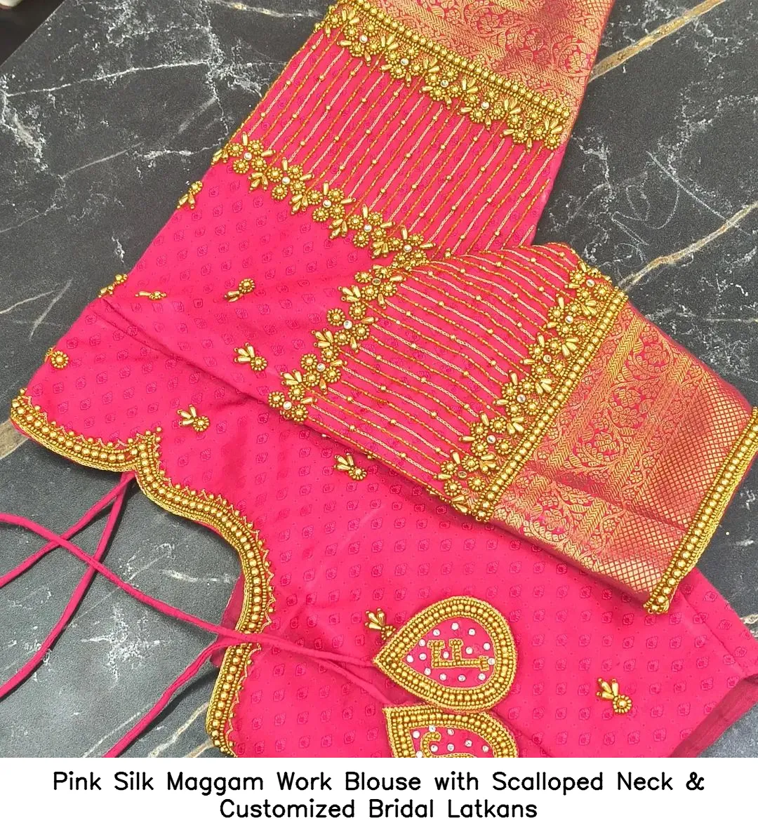 Pink Silk Maggam Work Blouse with Scalloped Neck & Customized Bridal Latkans