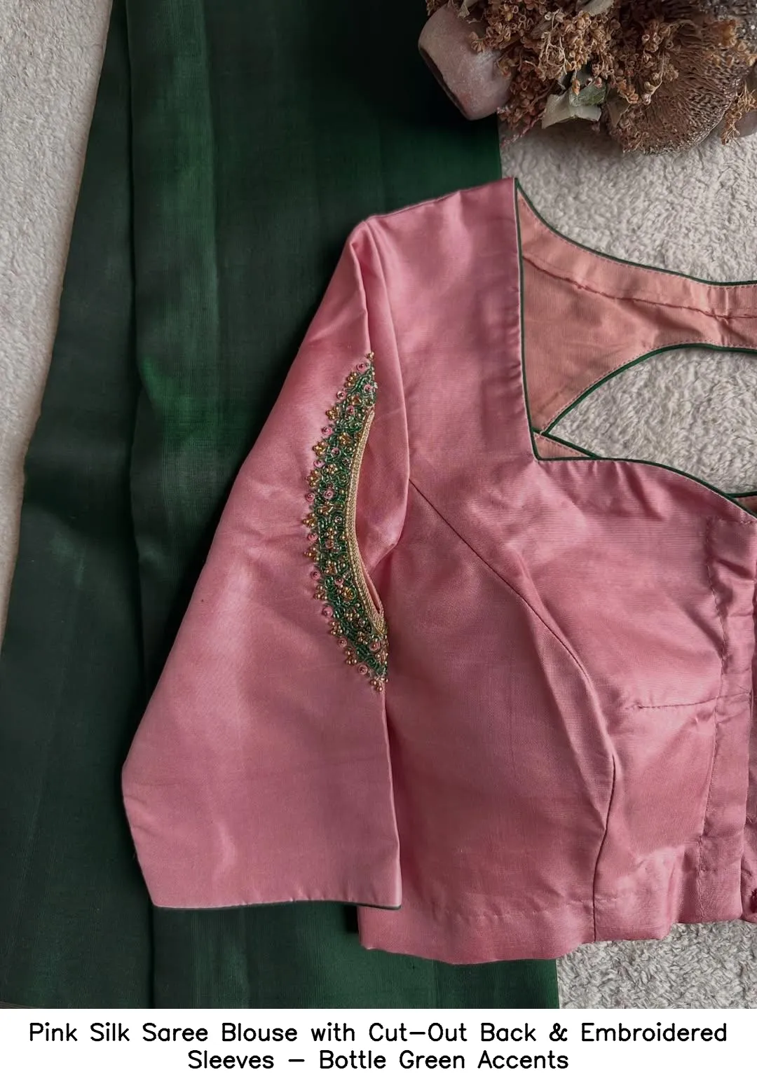 Pink Silk Saree Blouse with Cut-Out Back & Embroidered Sleeves - Bottle Green Accents