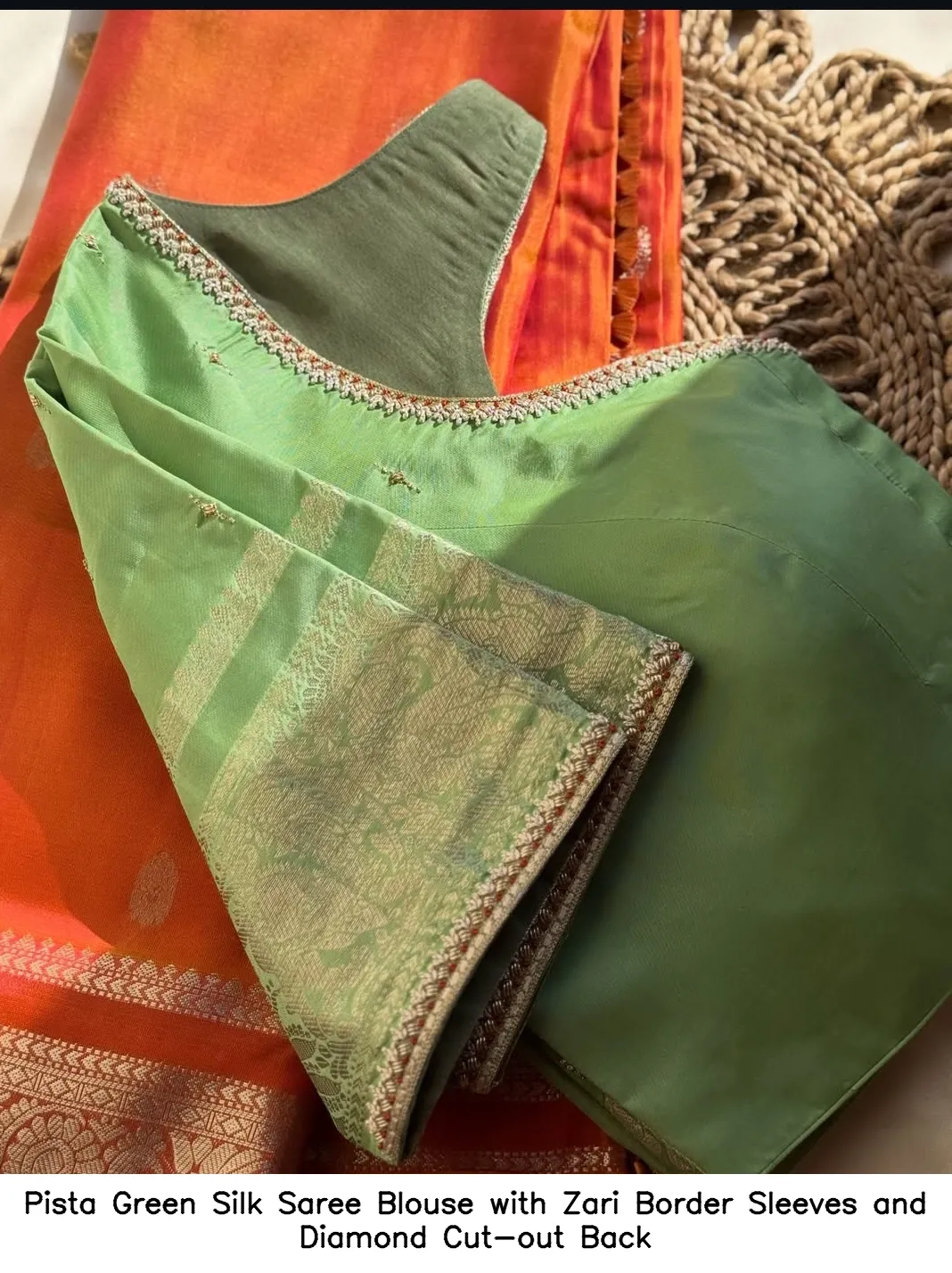 Pista Green Silk Saree Blouse with Zari Border Sleeves and Diamond Cut out Back