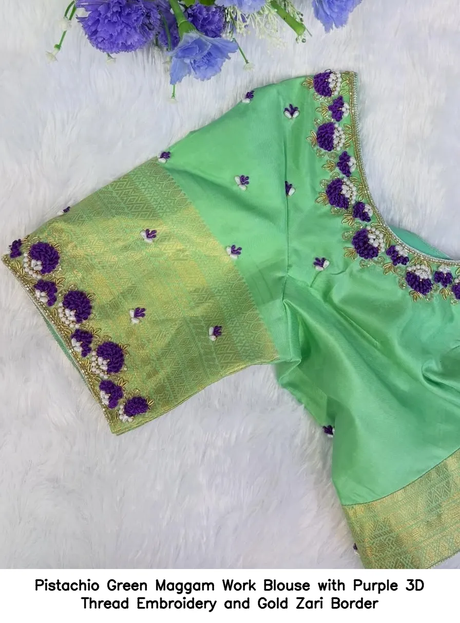 Pistachio Green Maggam Work Blouse with Purple 3D Thread Embroidery and Gold Zari Border