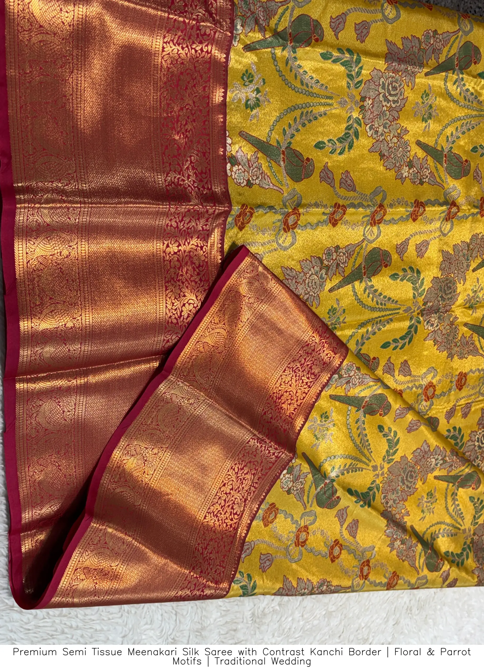 Premium Semi Tissue Meenakari Silk Saree with Contrast Kanchi Border | Floral & Parrot Motifs | Traditional Wedding