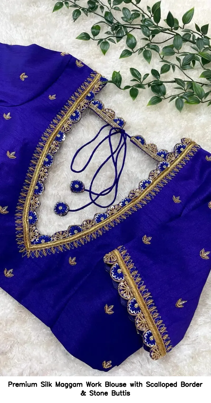 Premium Silk Maggam Work Blouse with Scalloped Border & Stone Buttis