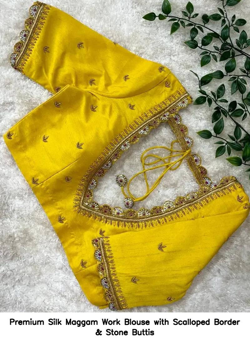 Premium Silk Maggam Work Blouse with Scalloped Border & Stone Buttis