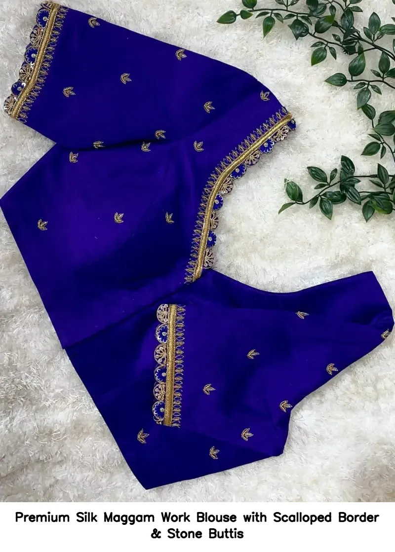 Premium Silk Maggam Work Blouse with Scalloped Border & Stone Buttis