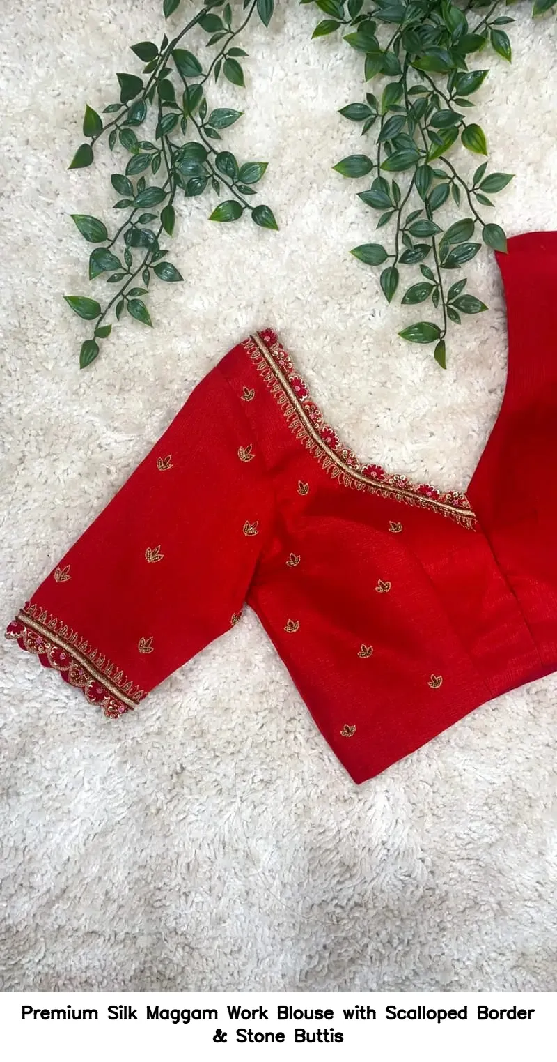 Premium Silk Maggam Work Blouse with Scalloped Border & Stone Buttis