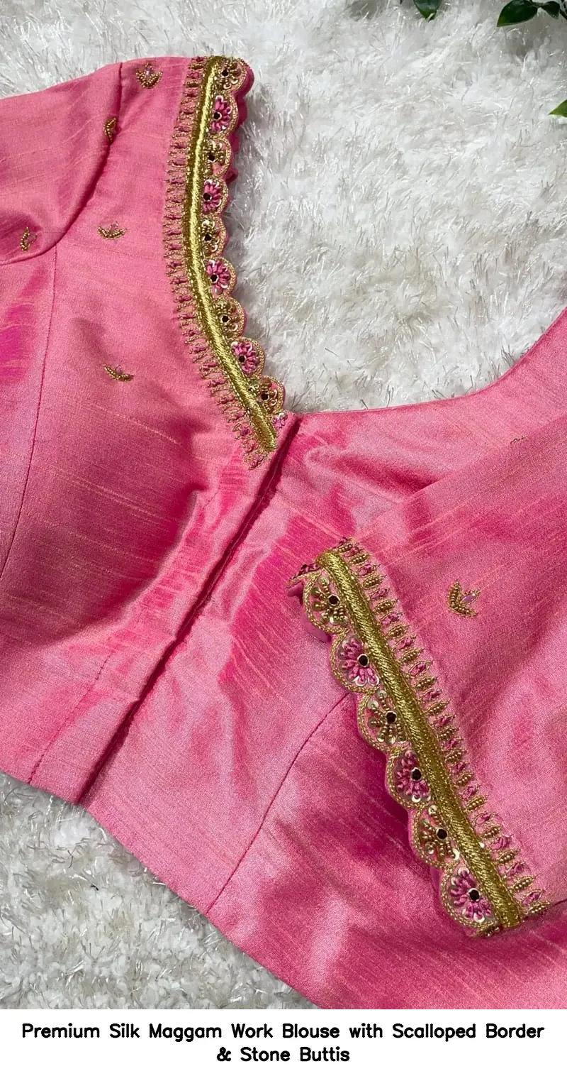 Premium Silk Maggam Work Blouse with Scalloped Border & Stone Buttis