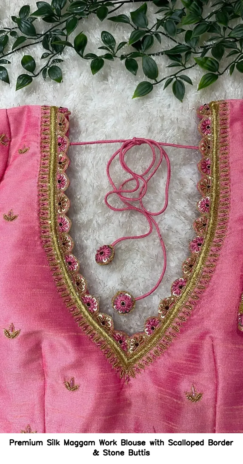 Premium Silk Maggam Work Blouse with Scalloped Border & Stone Buttis