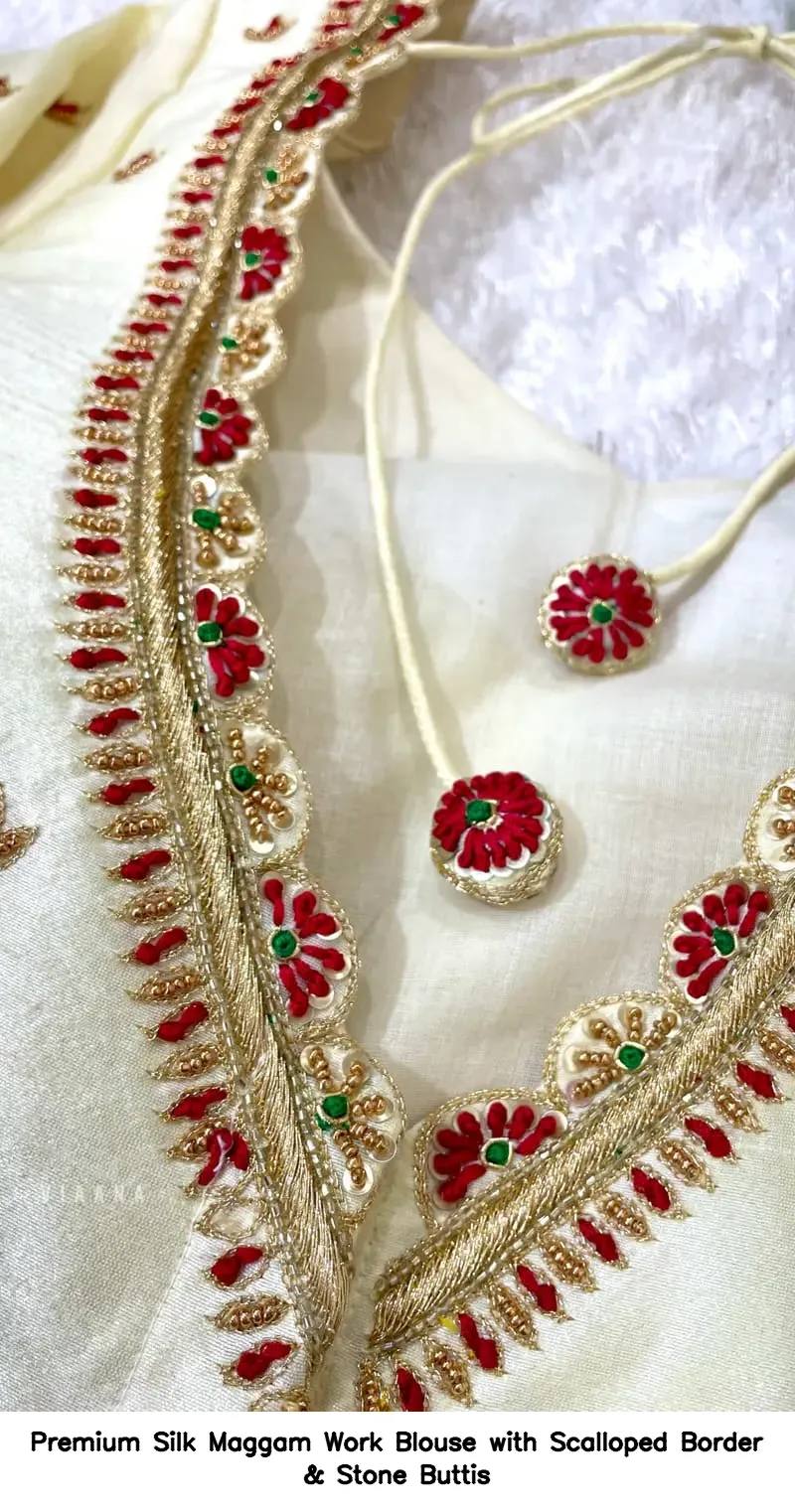 Premium Silk Maggam Work Blouse with Scalloped Border & Stone Buttis