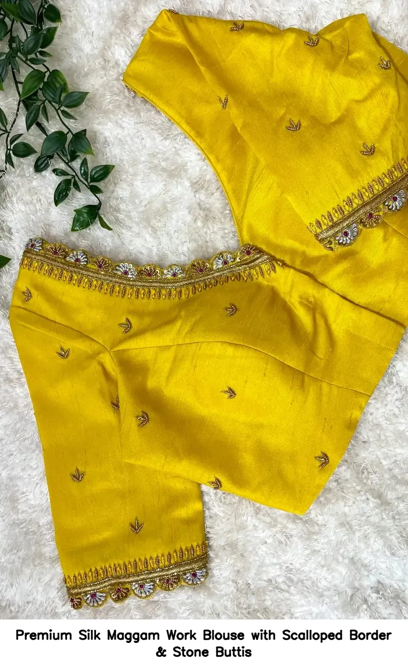 Premium Silk Maggam Work Blouse with Scalloped Border & Stone Buttis