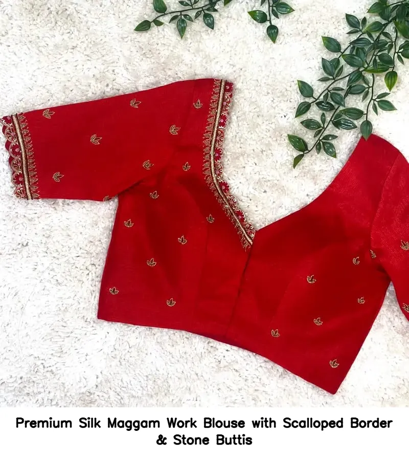 Premium Silk Maggam Work Blouse with Scalloped Border & Stone Buttis