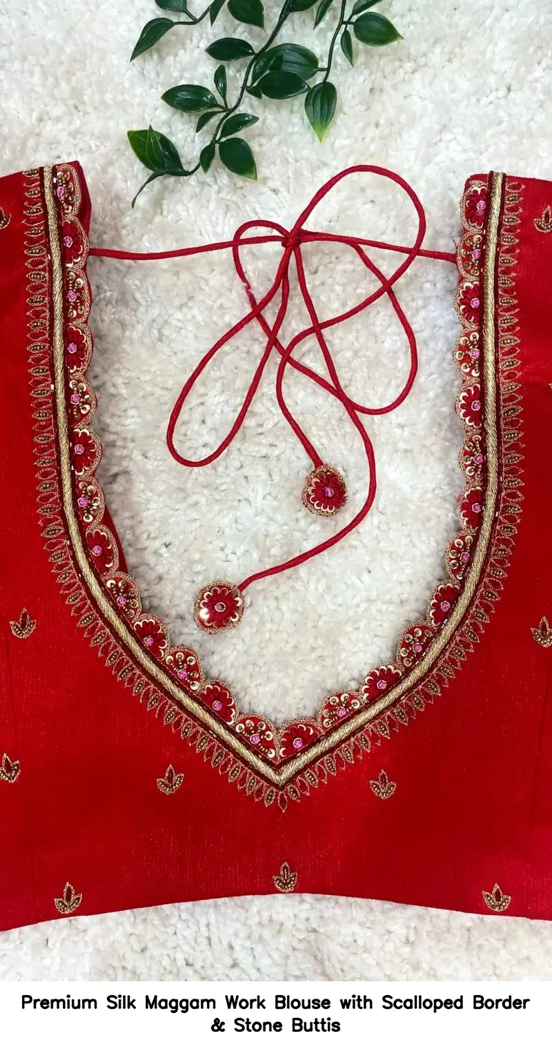Premium Silk Maggam Work Blouse with Scalloped Border & Stone Buttis