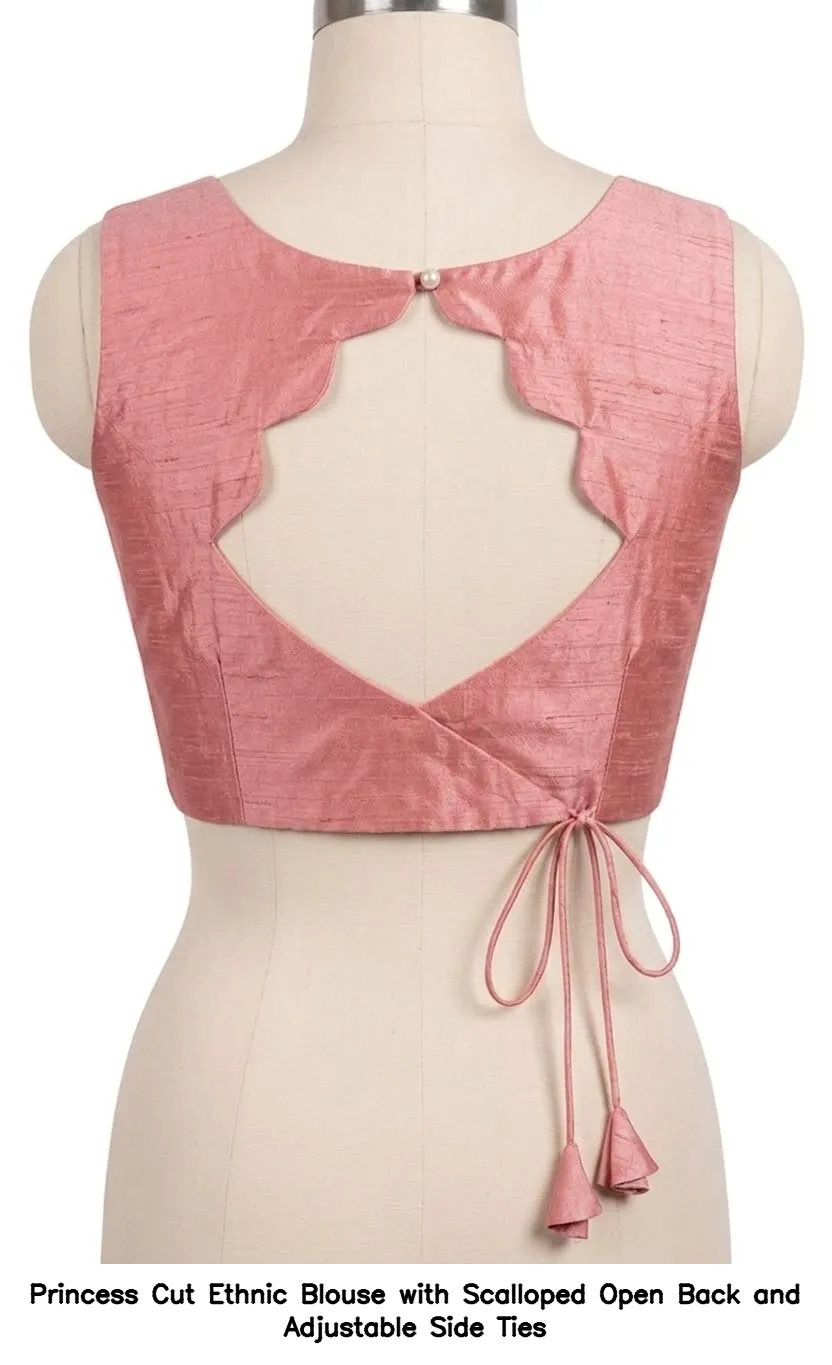 Princess Cut Ethnic Blouse with Scalloped Open Back and Adjustable Side Ties