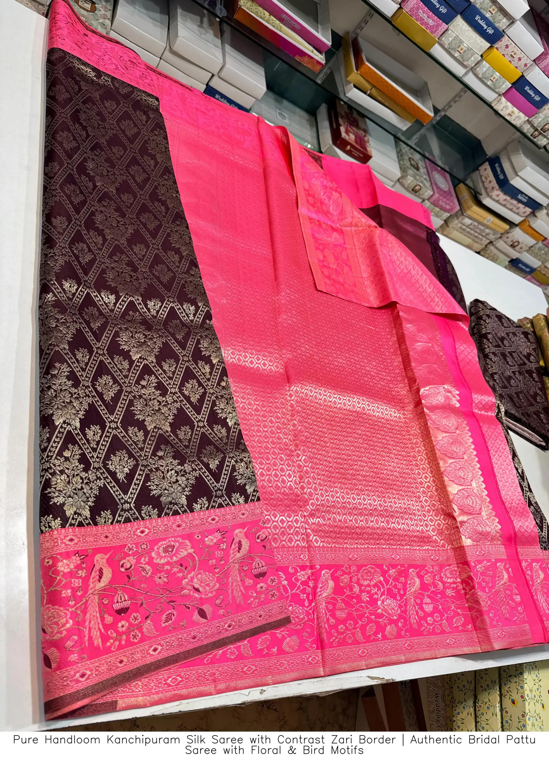 Pure Handloom Kanchipuram Silk Saree with Contrast Zari Border | Authentic Bridal Pattu Saree with Floral & Bird Motifs