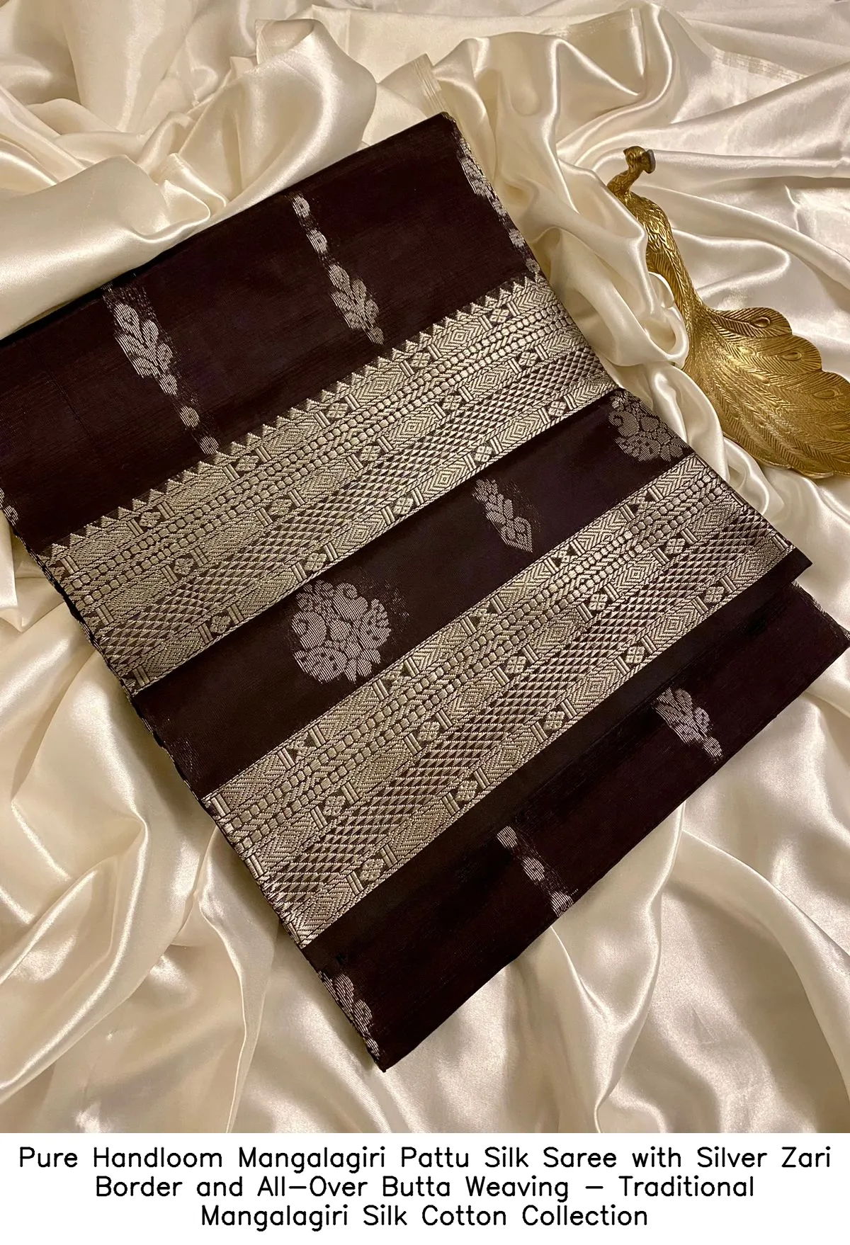 Pure Handloom Mangalagiri Pattu Silk Saree with Silver Zari Border and All-Over Butta Weaving - Traditional Mangalagiri Silk Cotton Collection