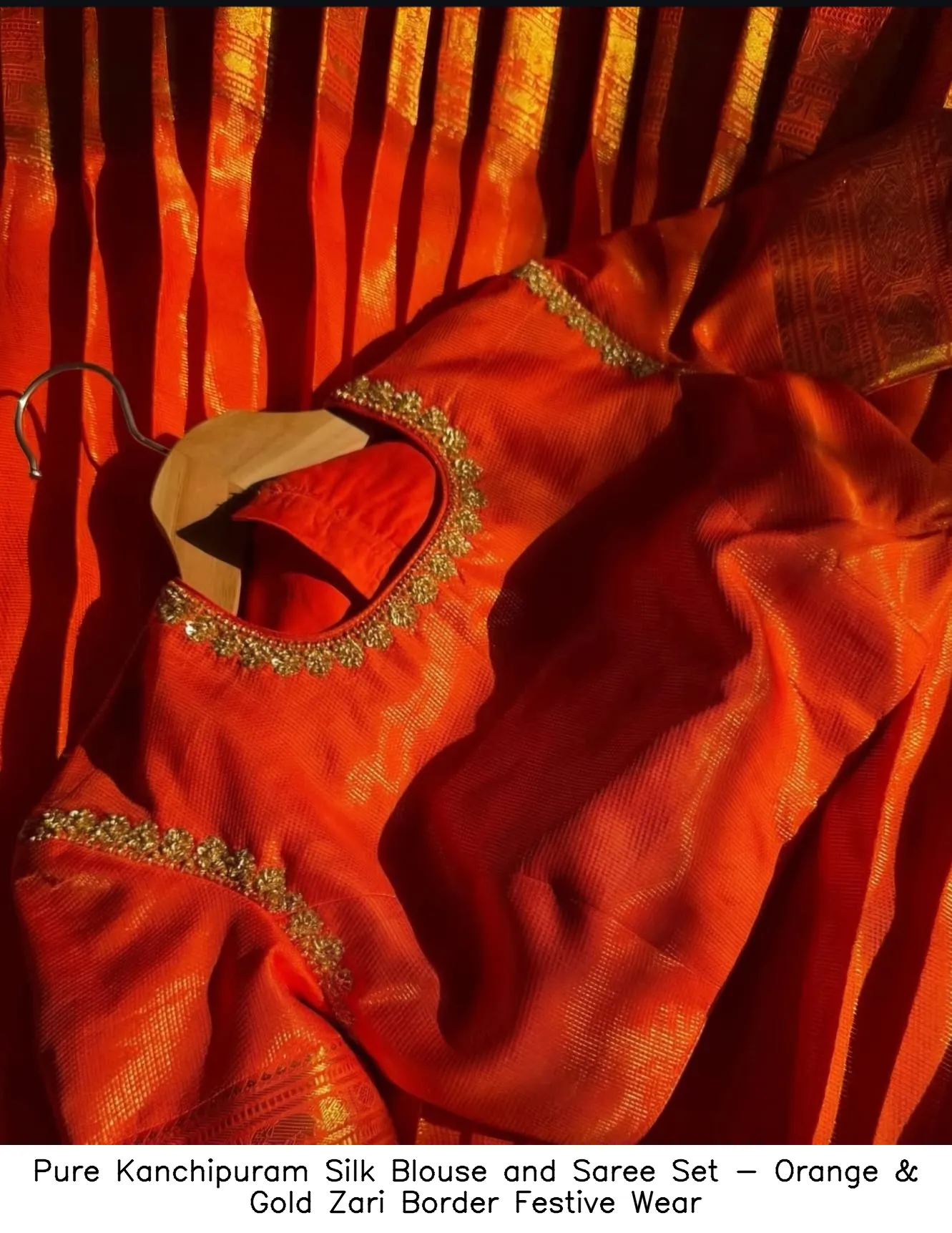 Pure Kanchipuram Silk Blouse and Saree Set - Orange & Gold Zari Border Festive Wear