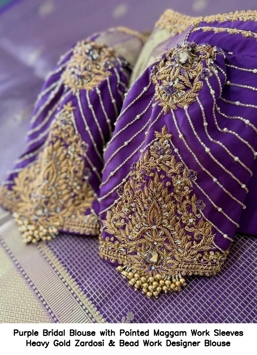 Purple Bridal Blouse with Pointed Maggam Work Sleeves – Heavy Gold Zardosi & Bead Work Designer Blouse
