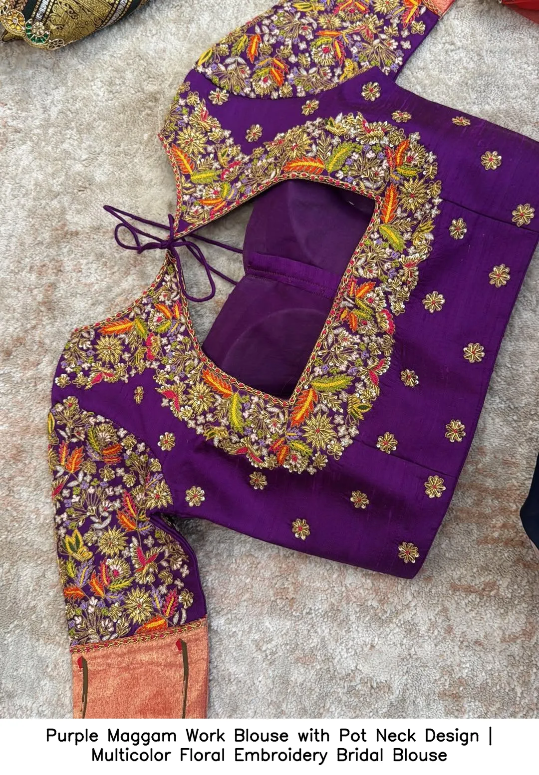 Purple Maggam Work Blouse with Pot Neck Design | Multicolor Floral Embroidery Bridal Blouse