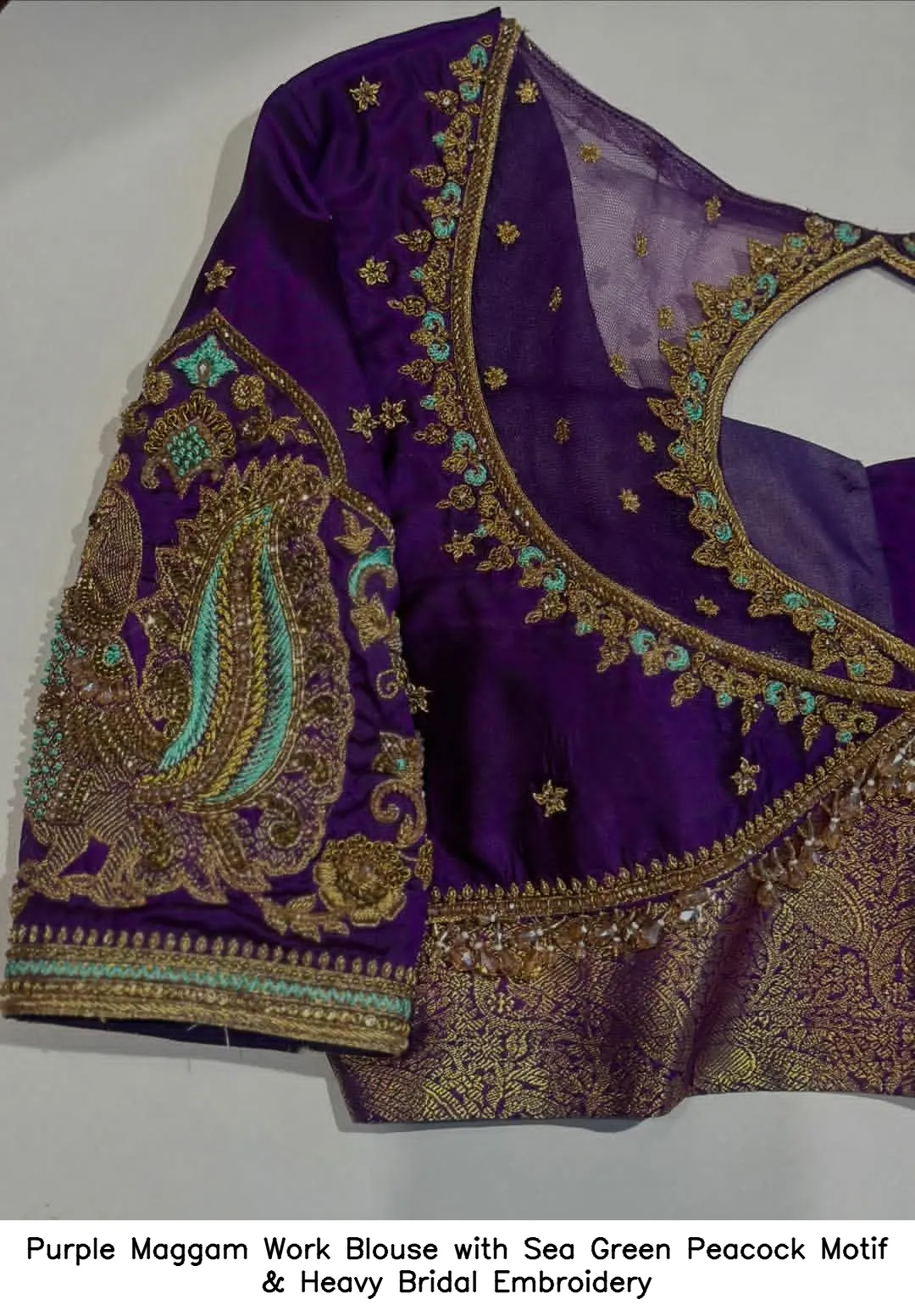 Purple Maggam Work Blouse with Sea Green Peacock Motif & Heavy Bridal Embroidery