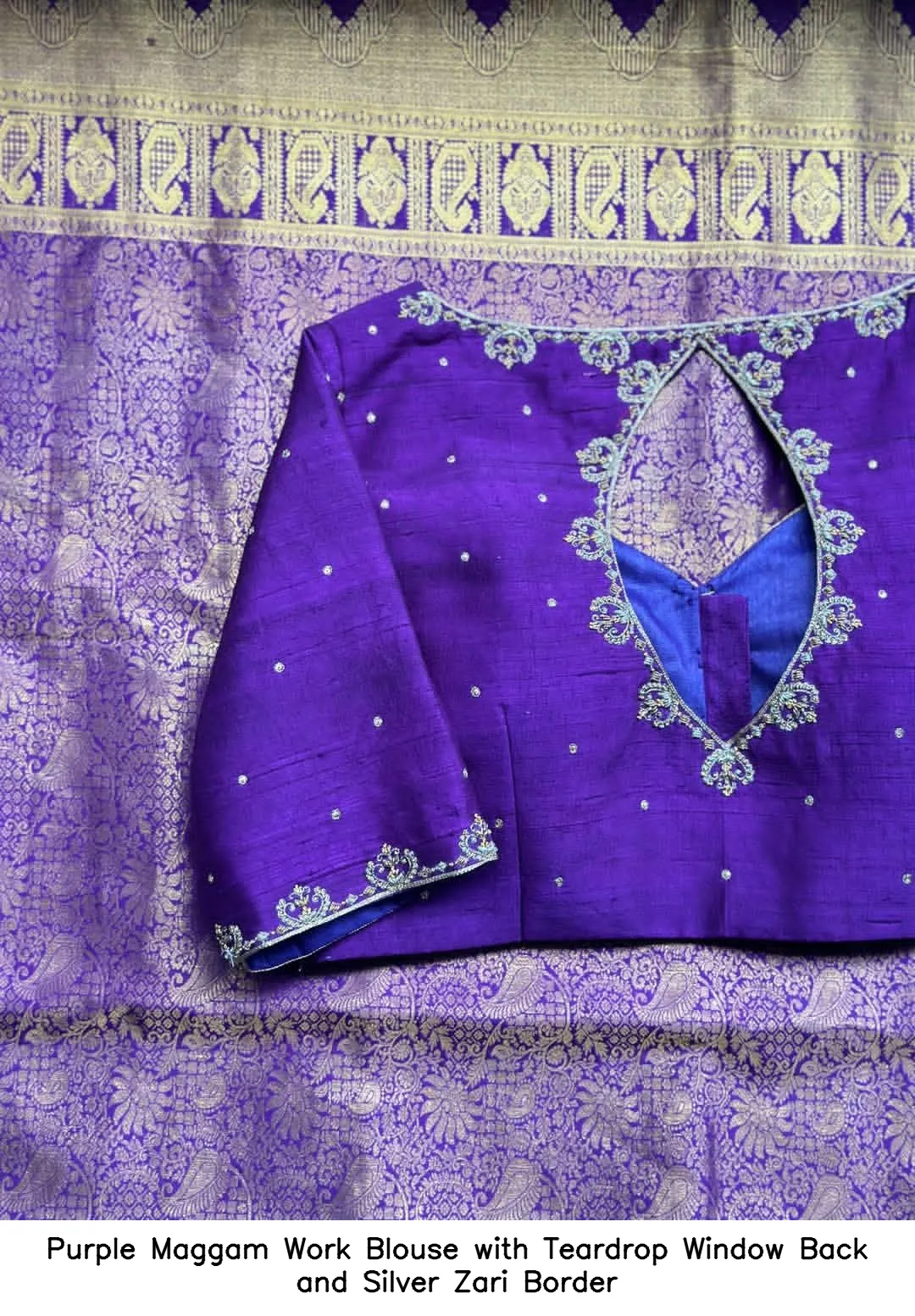 Purple Maggam Work Blouse with Teardrop Window Back and Silver Zari Border