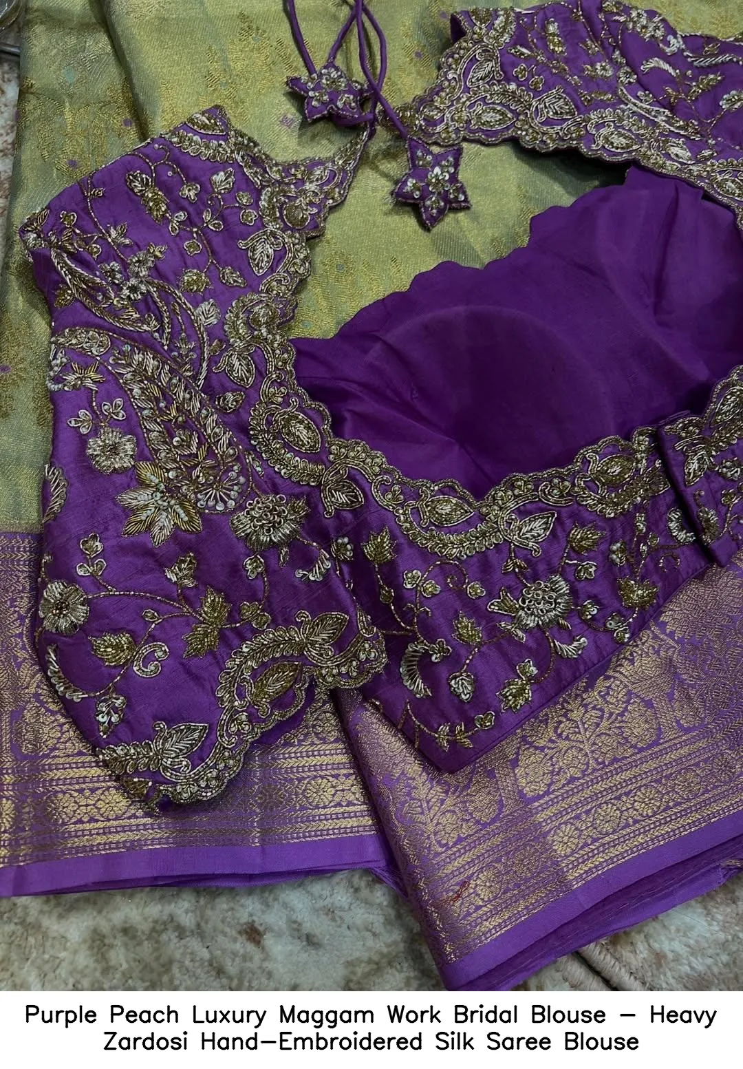 Purple Peach Luxury Maggam Work Bridal Blouse - Heavy Zardosi Hand-Embroidered Silk Saree Blouse
