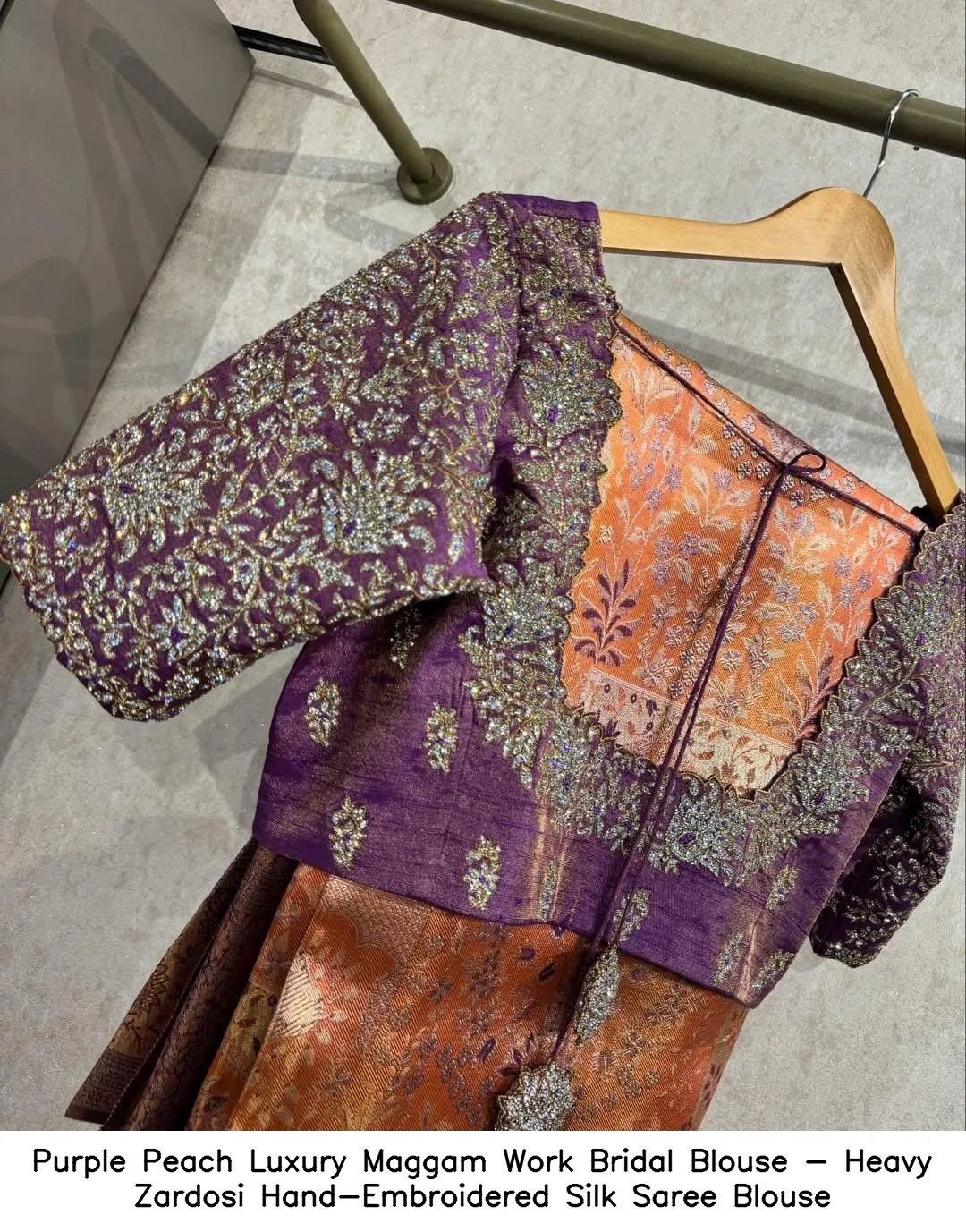 Purple Peach Luxury Maggam Work Bridal Blouse - Heavy Zardosi Hand-Embroidered Silk Saree Blouse