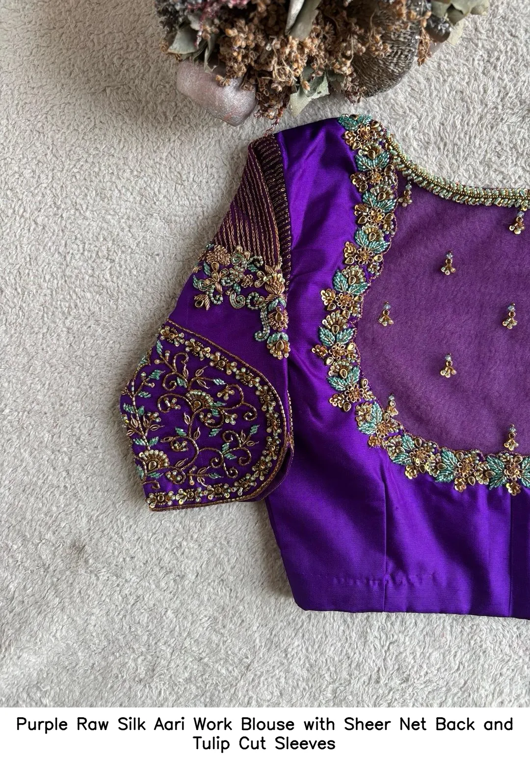 Purple Raw Silk Aari Work Blouse with Sheer Net Back and Tulip Cut Sleeves