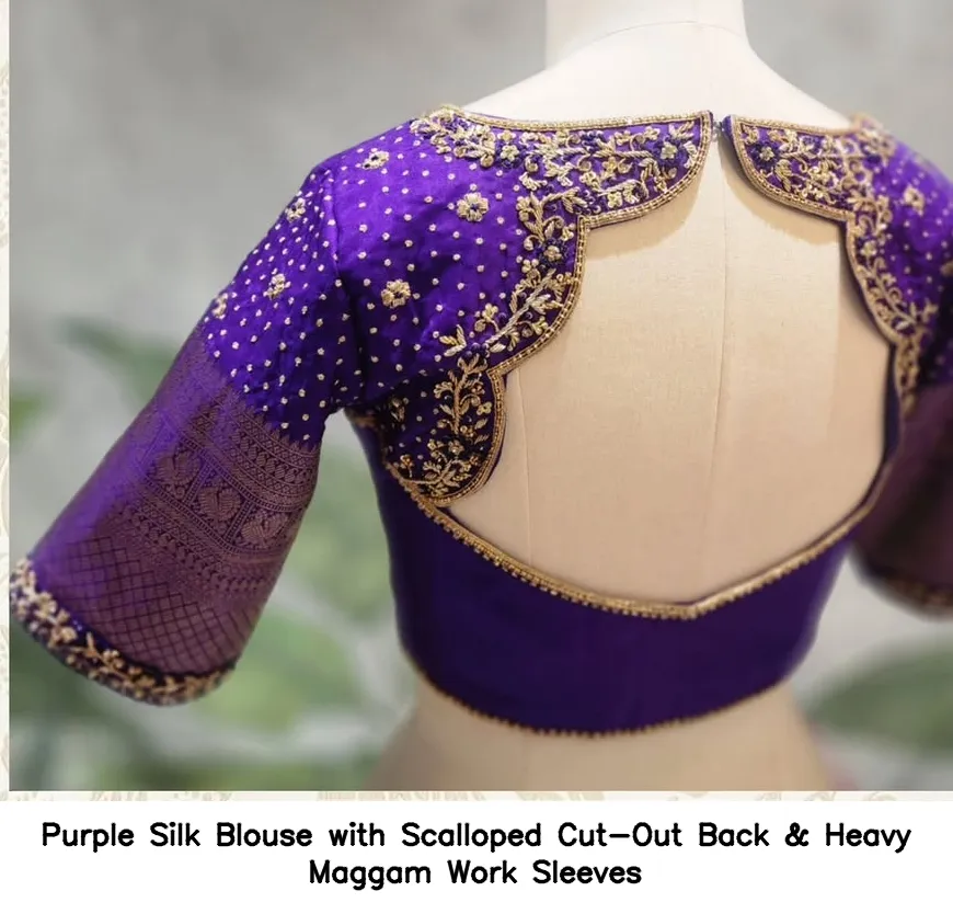 Purple Silk Blouse with Scalloped Cut-Out Back & Heavy Maggam Work Sleeves