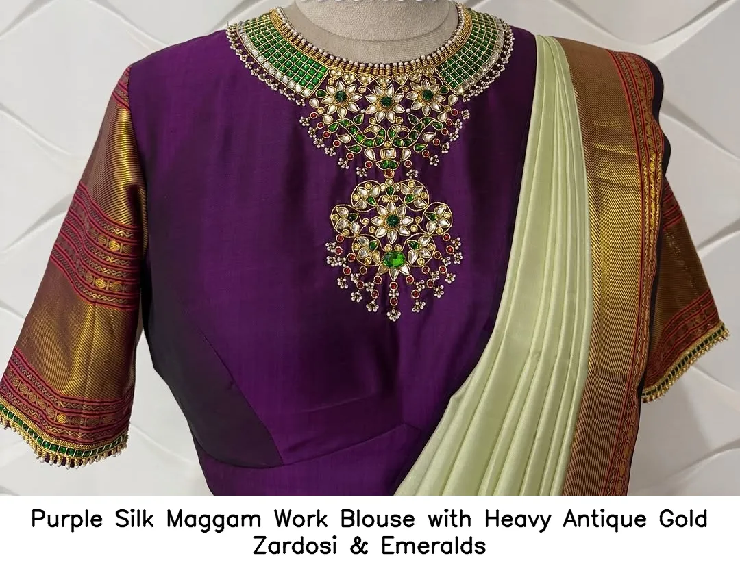 Purple Silk Maggam Work Blouse with Heavy Antique Gold Zardosi & Emeralds