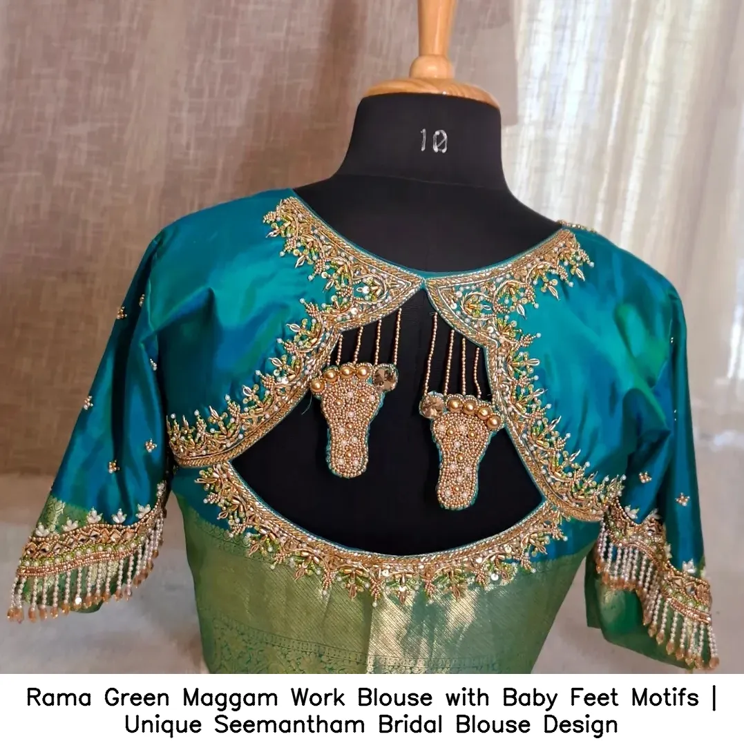 Rama Green Maggam Work Blouse with Baby Feet Motifs | Unique Seemantham Bridal Blouse Design