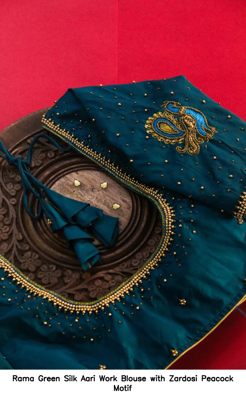 Rama Green Silk Aari Work Blouse with Zardosi Peacock Motif