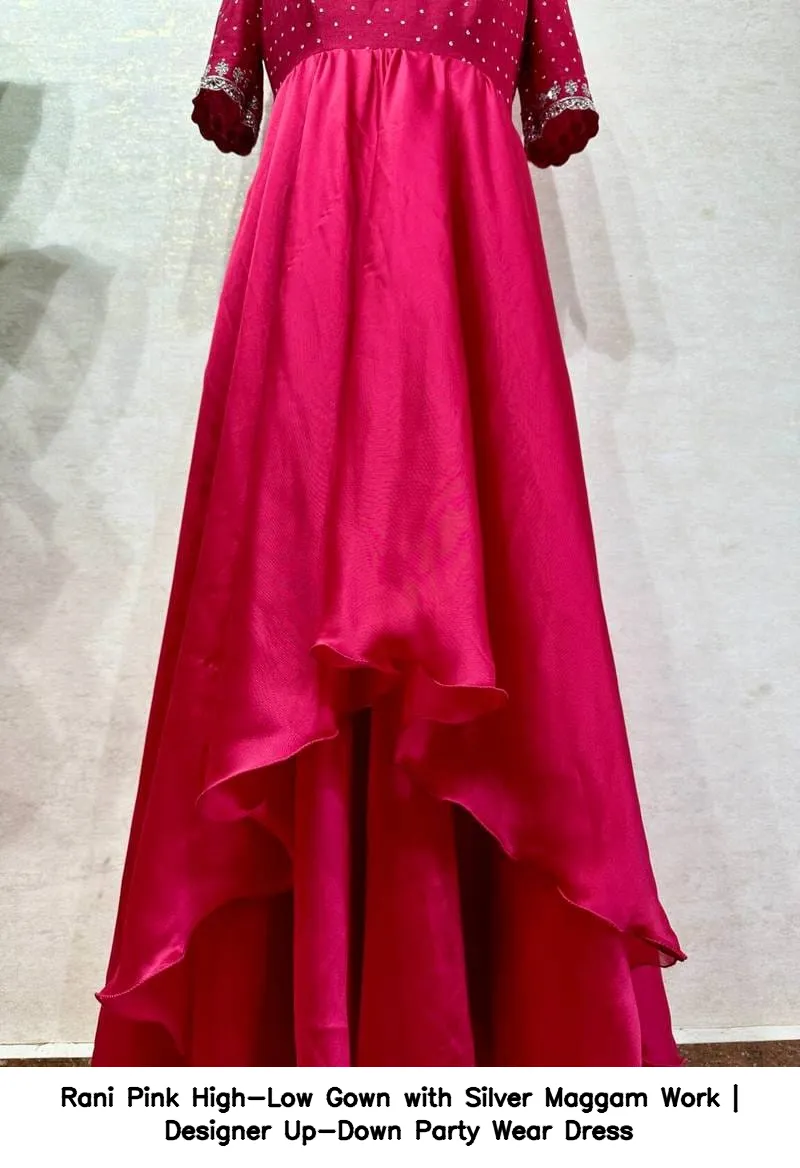 Rani Pink High-Low Gown with Silver Maggam Work | Designer Up-Down Party Wear Dress