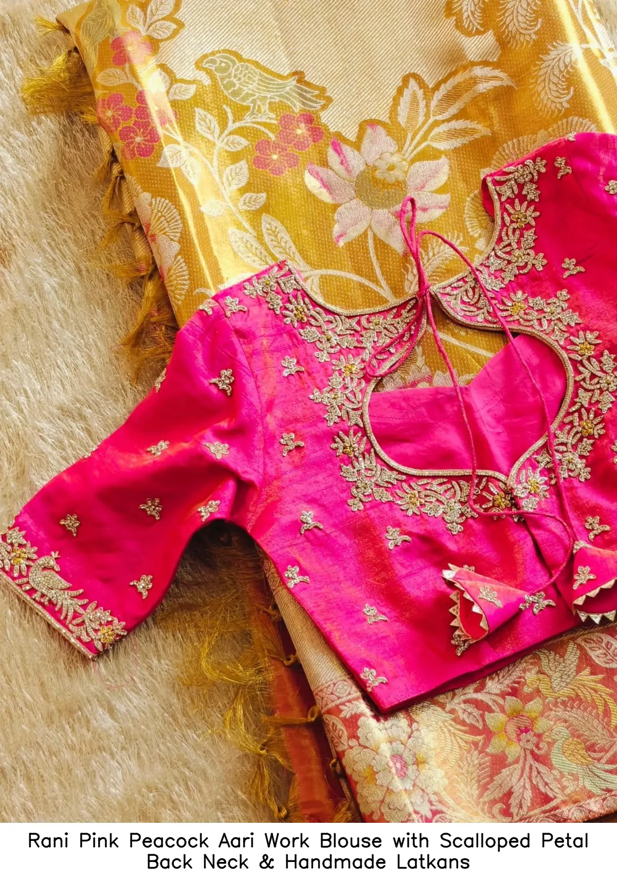 Rani Pink Peacock Aari Work Blouse with Scalloped Petal Back Neck & Handmade Latkans