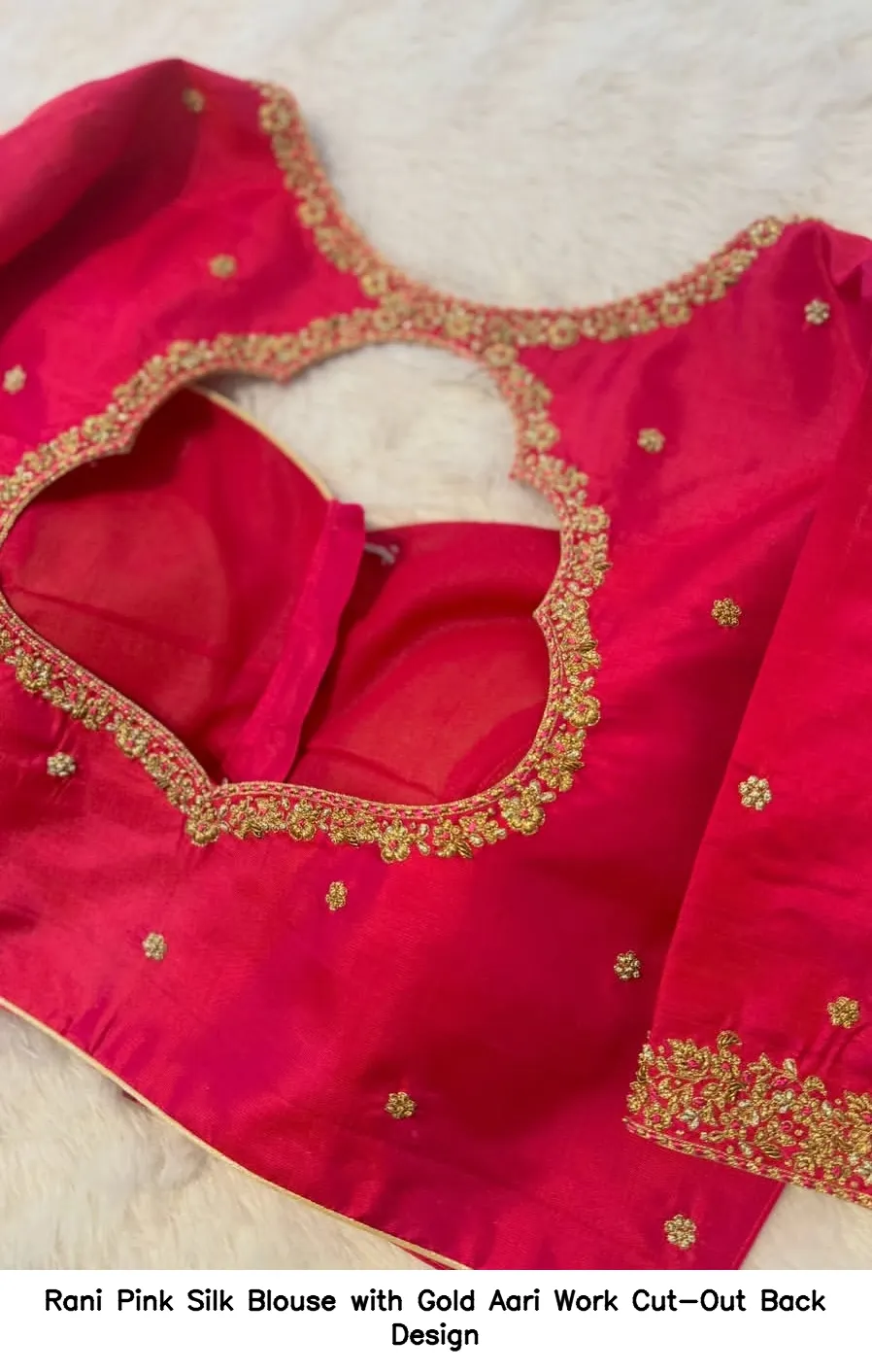 Rani Pink Silk Blouse with Gold Aari Work Cut-Out Back Design