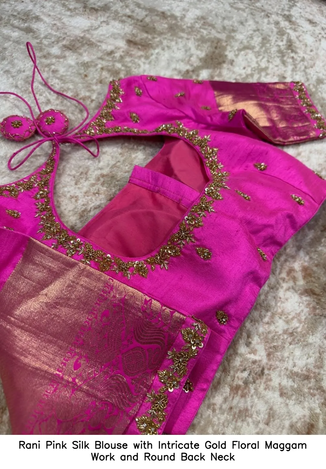 Rani Pink Silk Blouse with Intricate Gold Floral Maggam Work and Round Back Neck