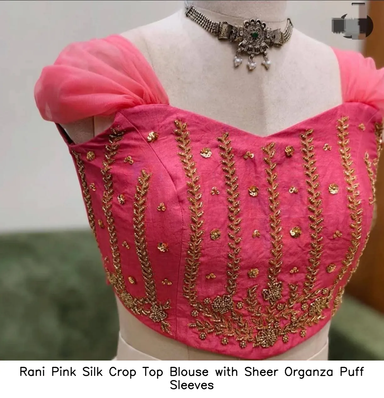 Rani Pink Silk Crop Top Blouse with Sheer Organza Puff Sleeves