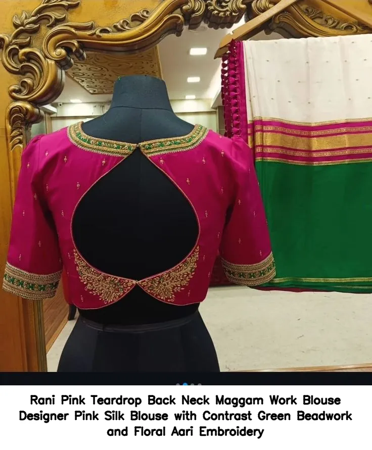 Rani Pink Teardrop Back Neck Maggam Work Blouse – Designer Pink Silk Blouse with Contrast Green Beadwork and Floral Aari Embroidery