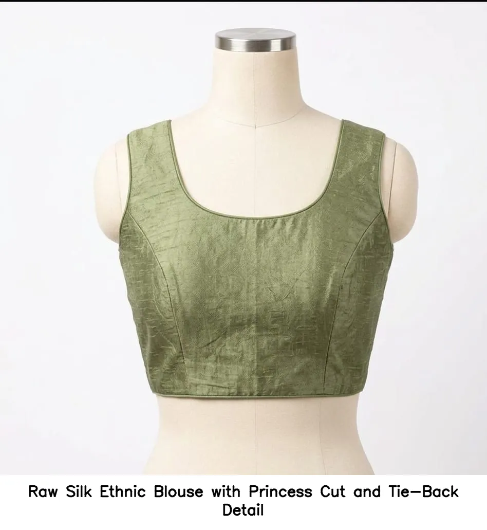 Raw Silk Ethnic Blouse with Princess Cut and Tie-Back Detail