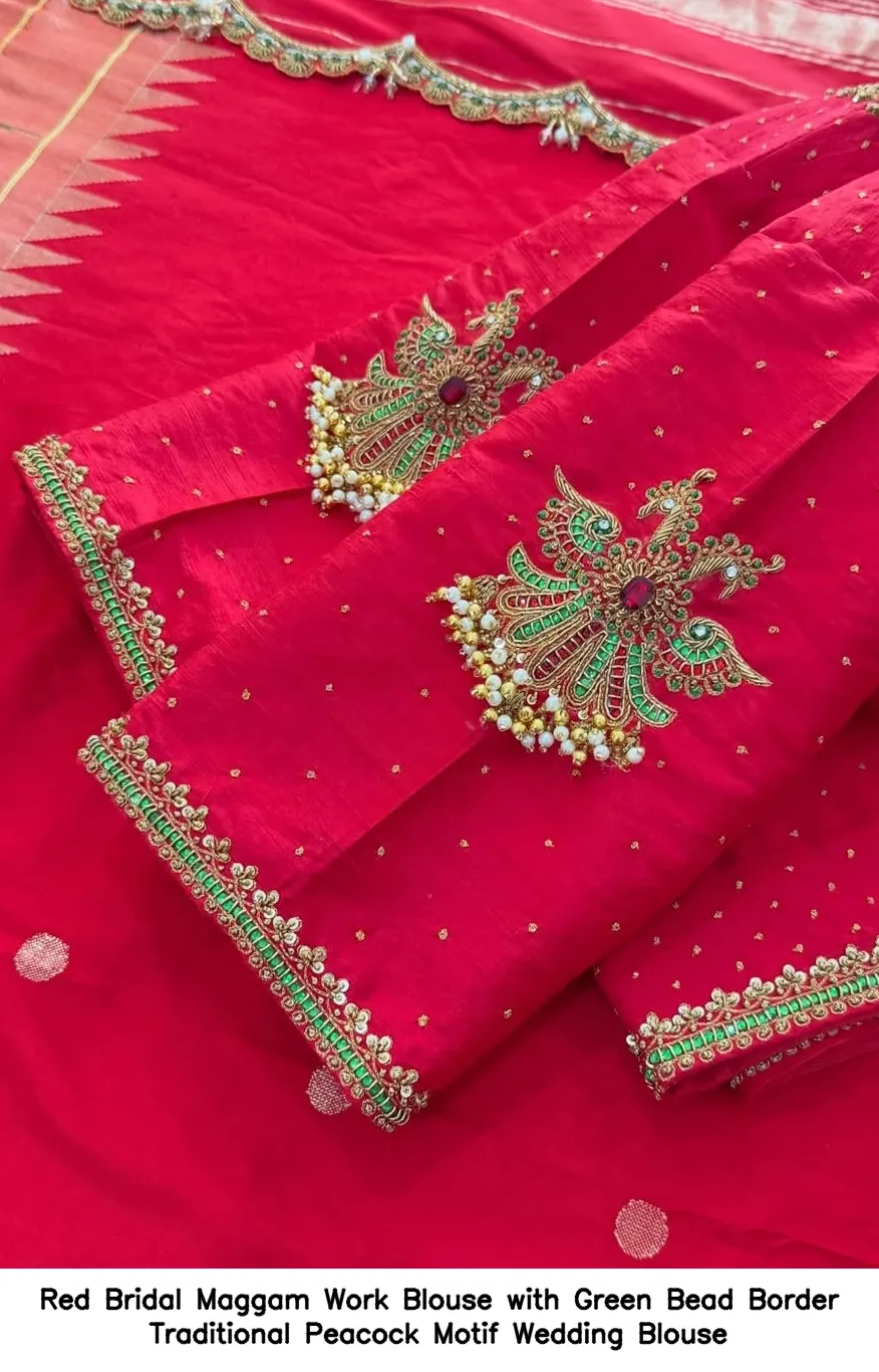 Red Bridal Maggam Work Blouse with Green Bead Border – Traditional Peacock Motif Wedding Blouse