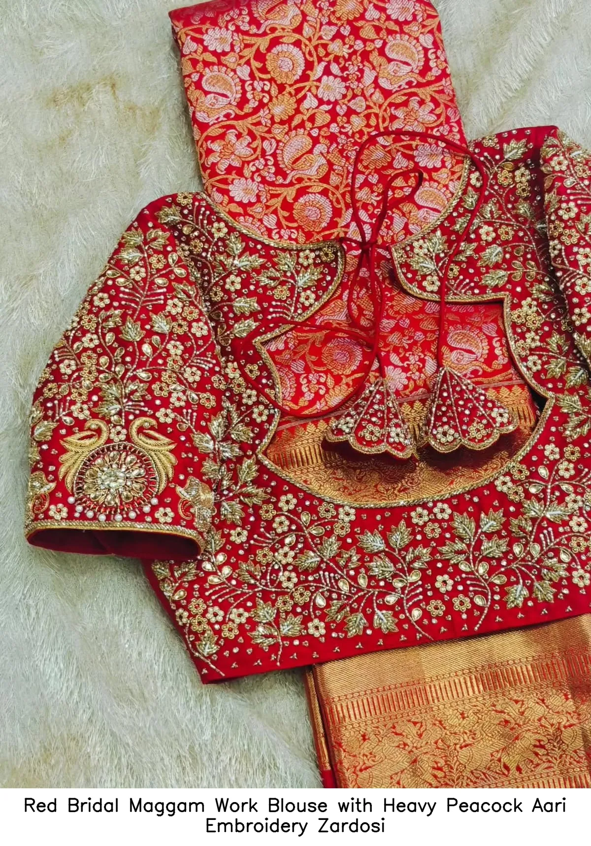 Red Bridal Maggam Work Blouse with Heavy Peacock Aari Embroidery Zardosi