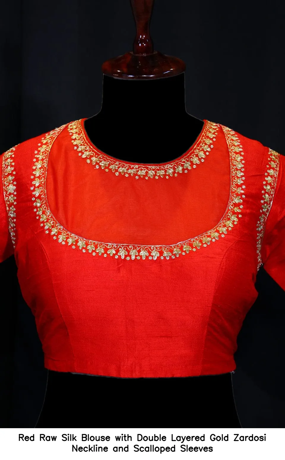 Red Raw Silk Blouse with Double Layered Gold Zardosi Neckline and Scalloped Sleeves