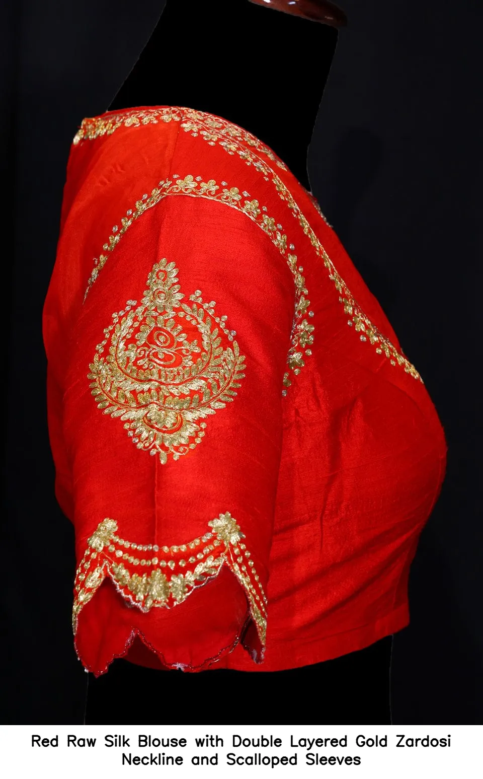 Red Raw Silk Blouse with Double Layered Gold Zardosi Neckline and Scalloped Sleeves - Image 2