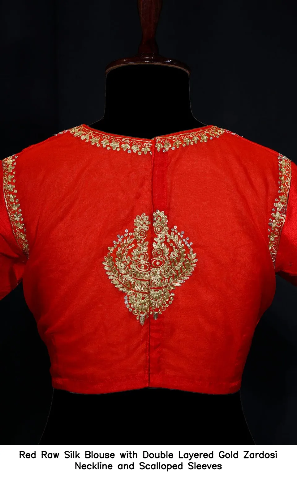 Red Raw Silk Blouse with Double Layered Gold Zardosi Neckline and Scalloped Sleeves - Image 3