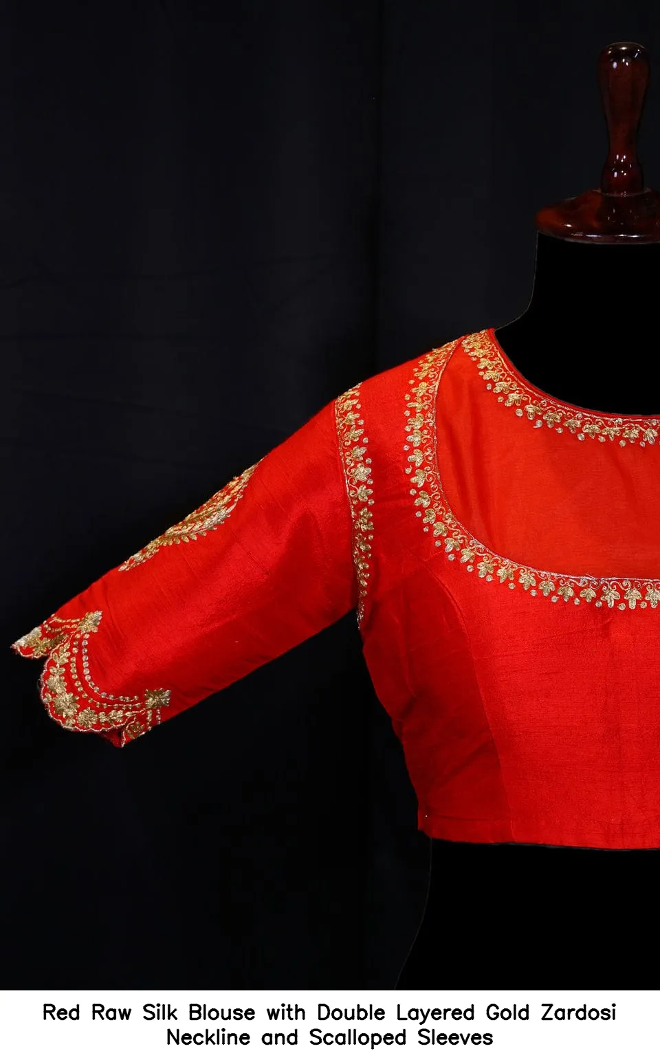 Red Raw Silk Blouse with Double Layered Gold Zardosi Neckline and Scalloped Sleeves - Image 4