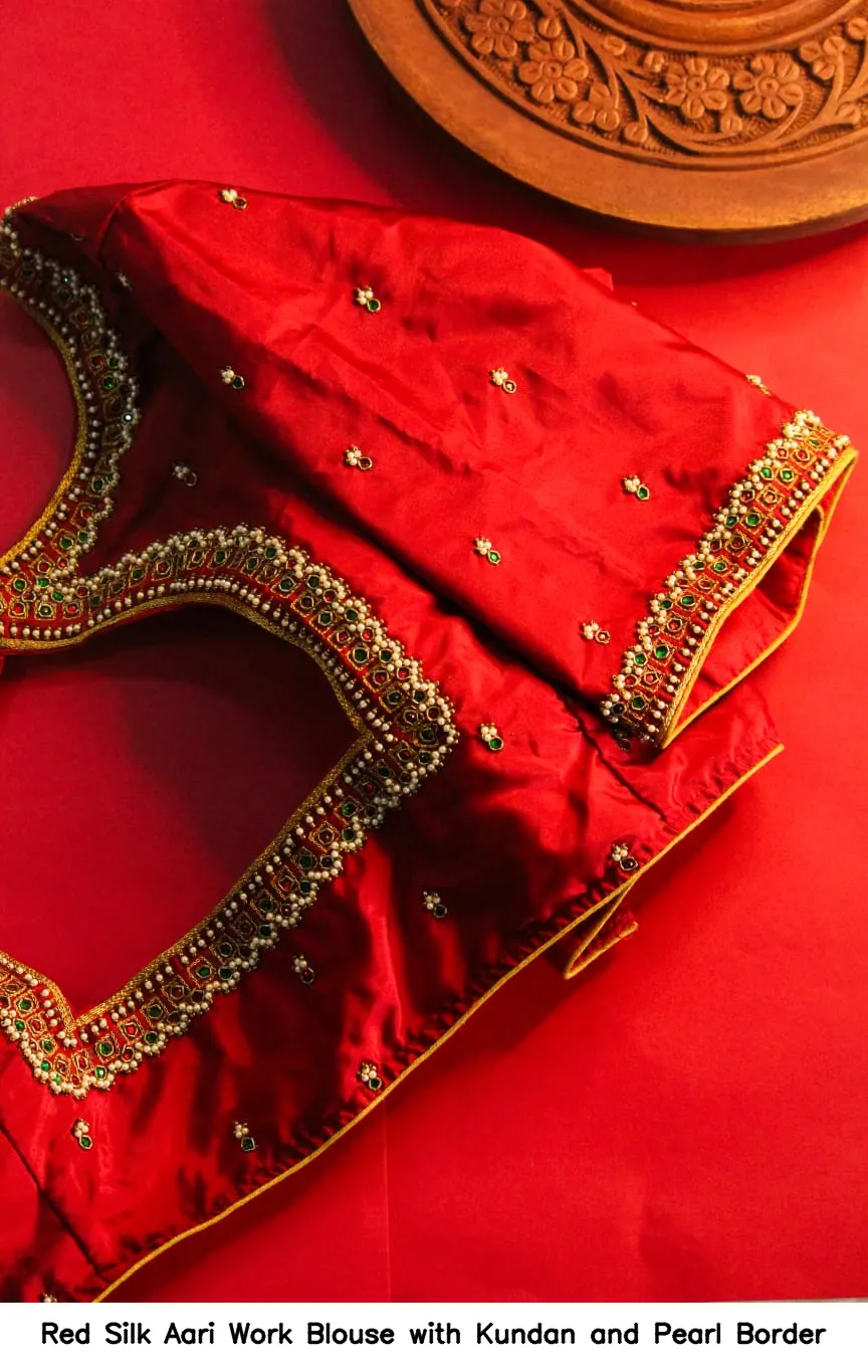 Red Silk Aari Work Blouse with Kundan and Pearl Border