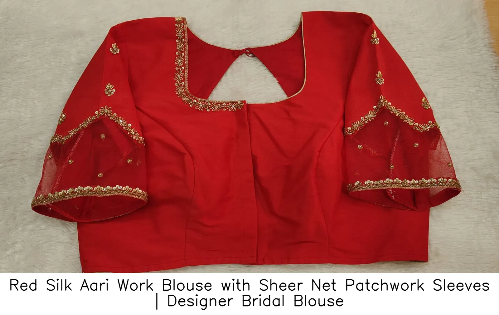 Red Silk Aari Work Blouse with Sheer Net Patchwork Sleeves | Designer Bridal Blouse