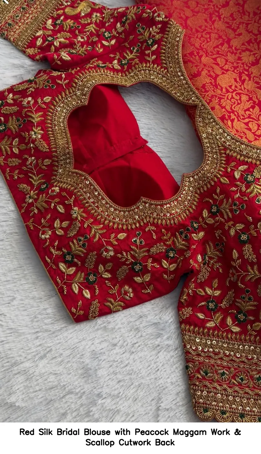 Red Silk Bridal Blouse with Peacock Maggam Work & Scallop Cutwork Back