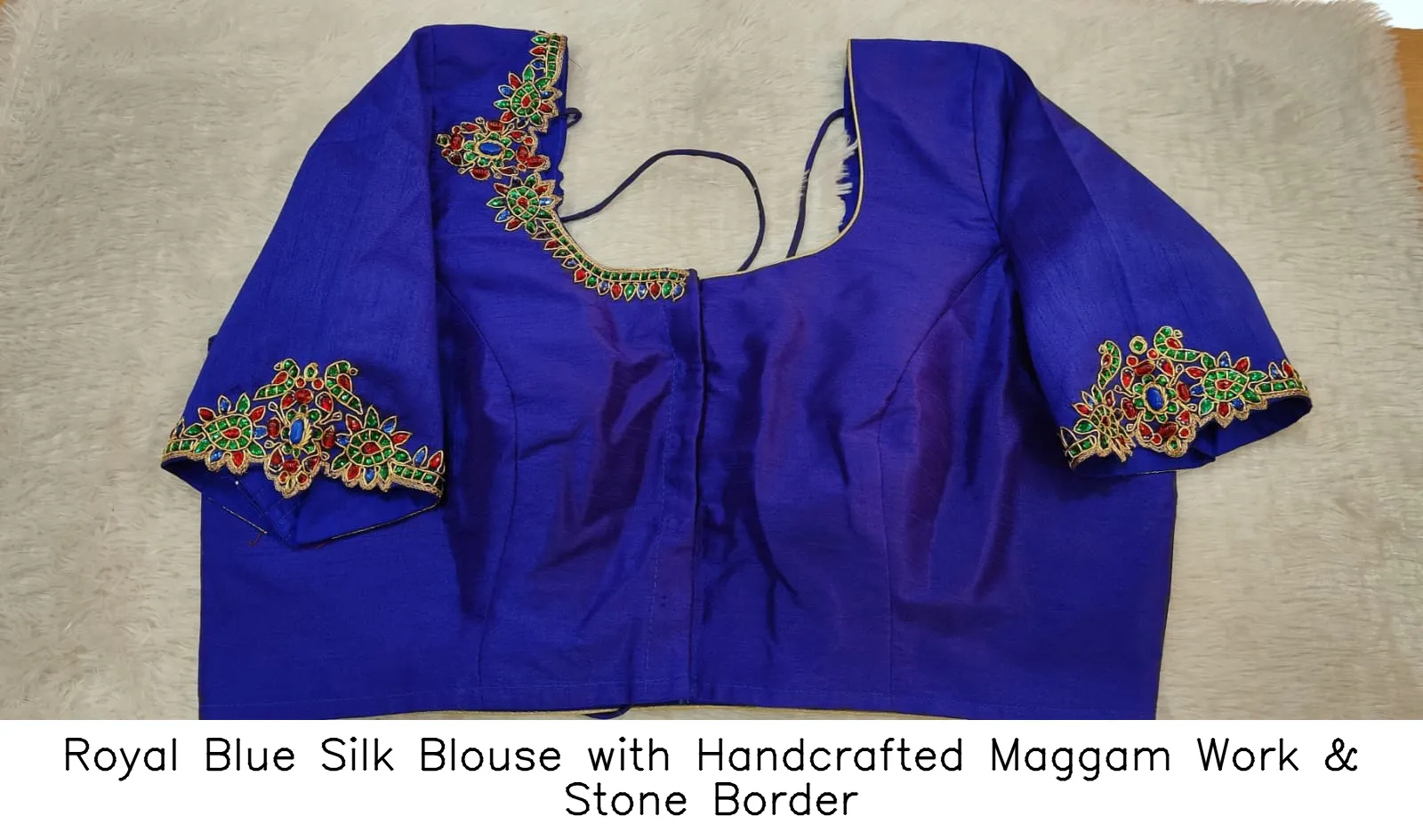 Royal Blue Silk Blouse with Handcrafted Maggam Work & Stone Border
