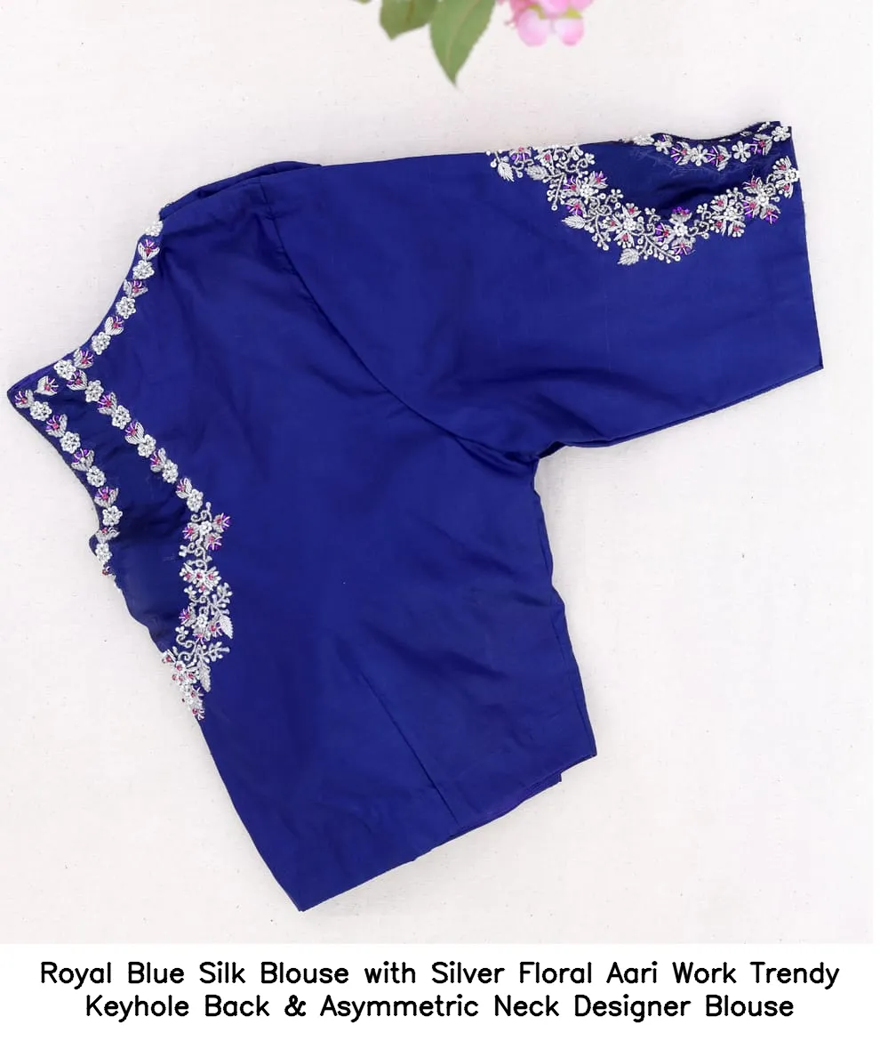 Royal Blue Silk Blouse with Silver Floral Aari Work – Trendy Keyhole Back & Asymmetric Neck Designer Blouse - Image 2